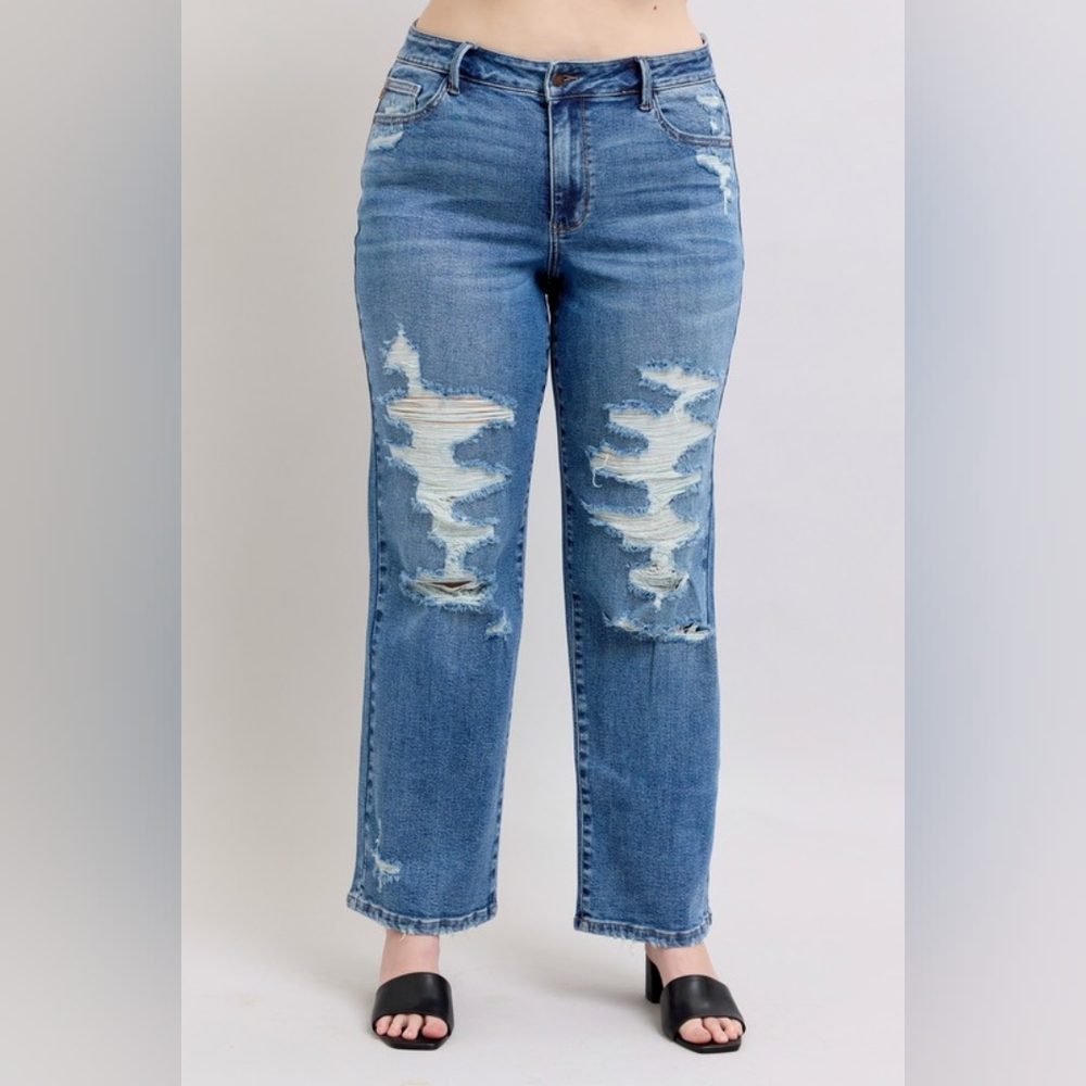 Judy Blue High-Rise Distressed Straight Leg Torn Hole Slim Fit Jeans Denim Pants - Picture 5 of 15